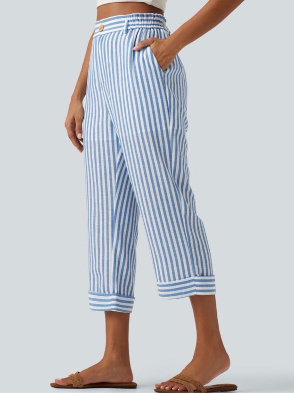 Halara High Waisted Straight Leg Striped Cropped Linen-feel Pants